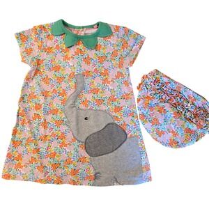 Boden Baby Floral Elephant Applique Dress and Ruffle Bloomer Set Green 12-18M